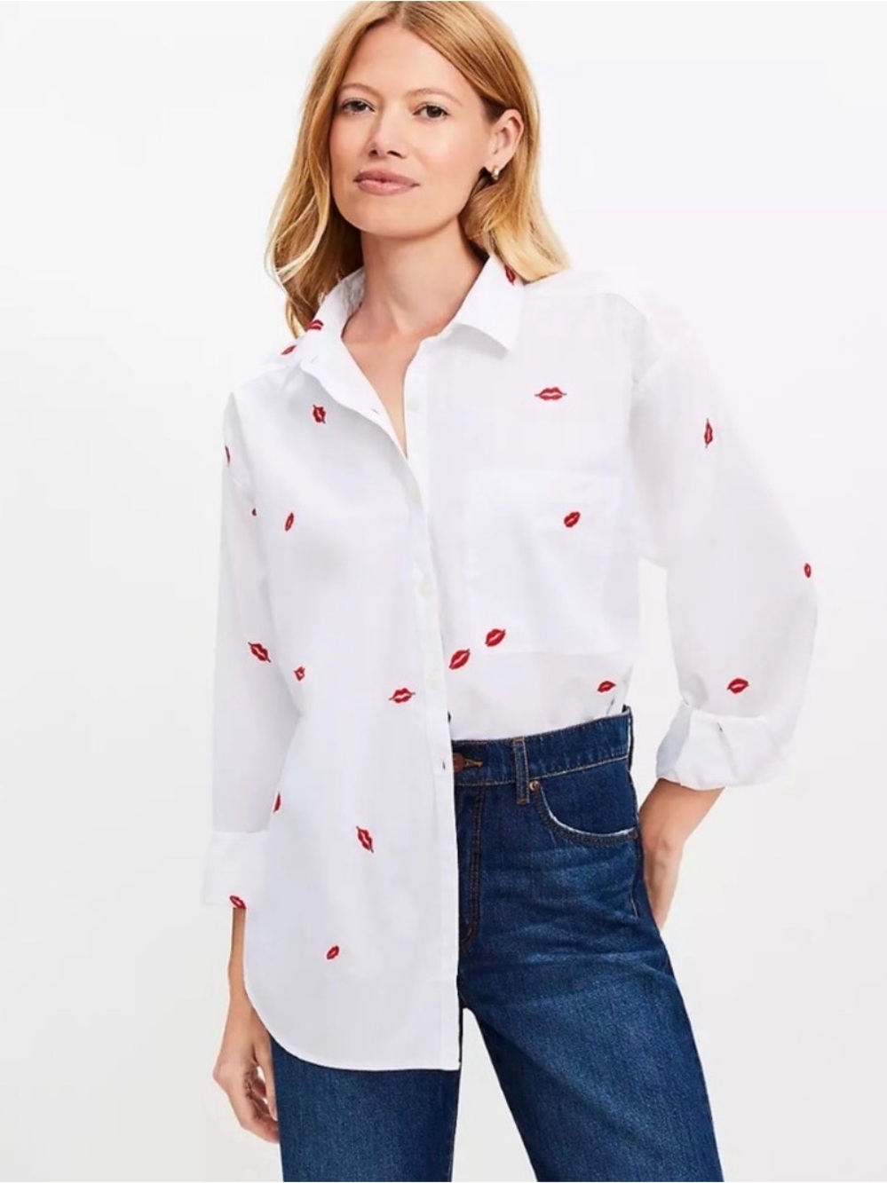 LOFT NWT White Button-Down Shirt with Red Lip Print - Medium